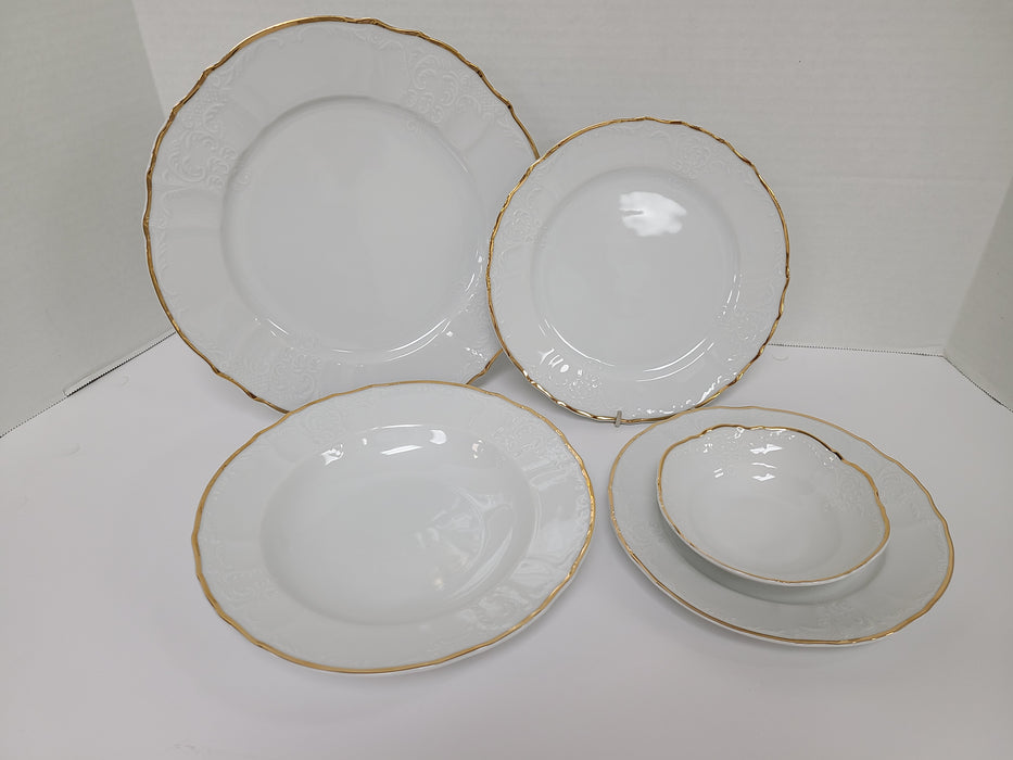 Vikko Luxe - Bernadotte Gold, White, 20 Pc  Dinnerware Set, includes Service For 4, Dinner, Salad, Soup, Bread & Butter, Dessert