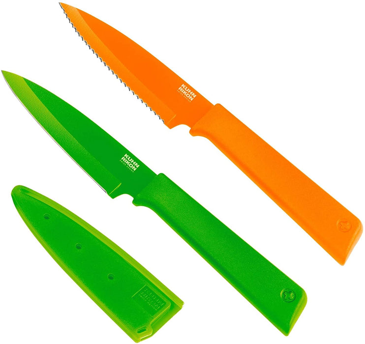 Kuhn Rikon - 2 Pc Paring Knive Set, Straight and Serrated, Non Stick, Safety Cover, 4", Orange and Green