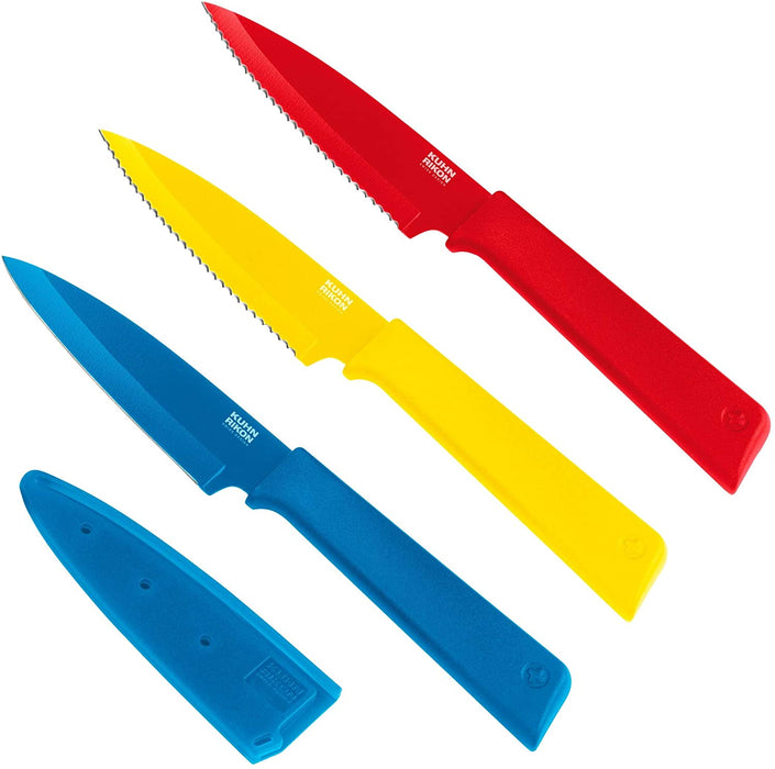 Kuhn Rikon - 3 Pc Paring Knive Set, Straight and Serrated, Non Stick, Safety Cover, 4", Red, Yellow, Blue