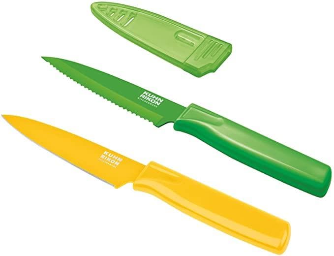 Kuhn Rikon - Paring Straight and Serrated, 2 Pc Knive Set, Non-Stick Coating and Safety Sheaths, 4", Yellow & Green