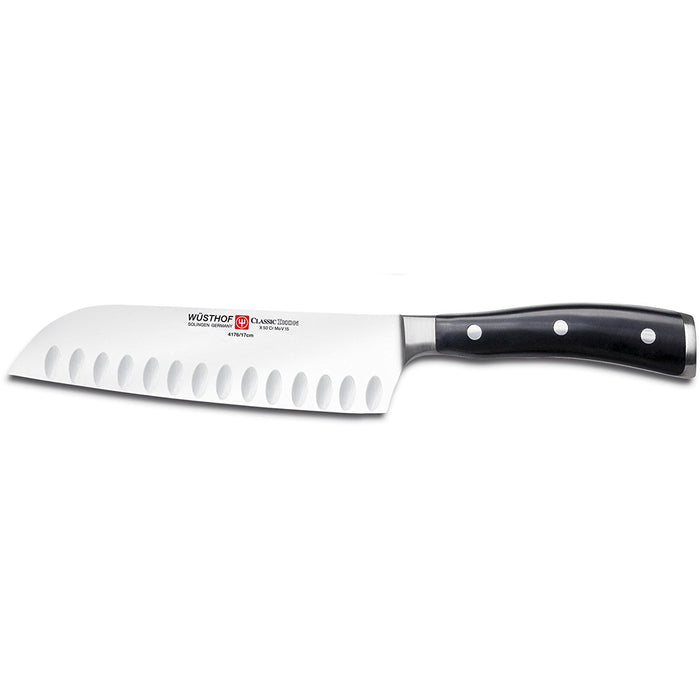 Wusthof - Ikon Santoku Knife, Straight, Granton Blade, 7", Black