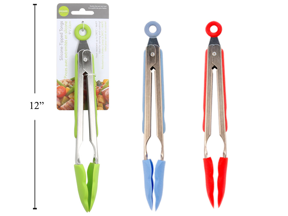 Luciano Gourmet - SS  Tongs, Silicone Tip & Grip Pull & Lock , Red, Blue, Green, 9''