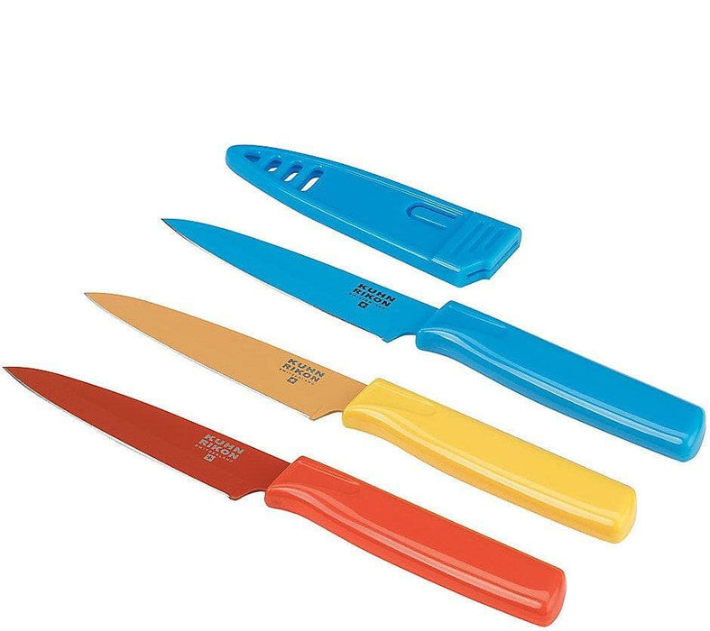 Kuhn Rikon - 3 Pc Paring Knive Set, Straight, Non Stick, Safety Cover, 4", Red, Yellow, Blue