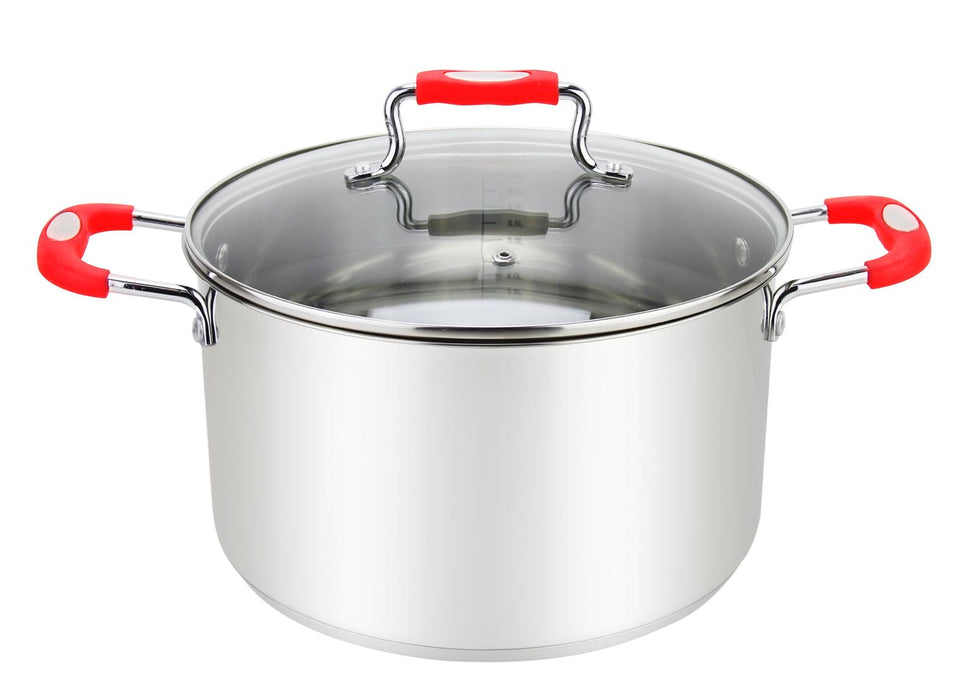 Millvado-Urban Ss Stock Pot/W Glass Lid Silicone Handles, Red, 4 Qt, 7.8"X4.7"