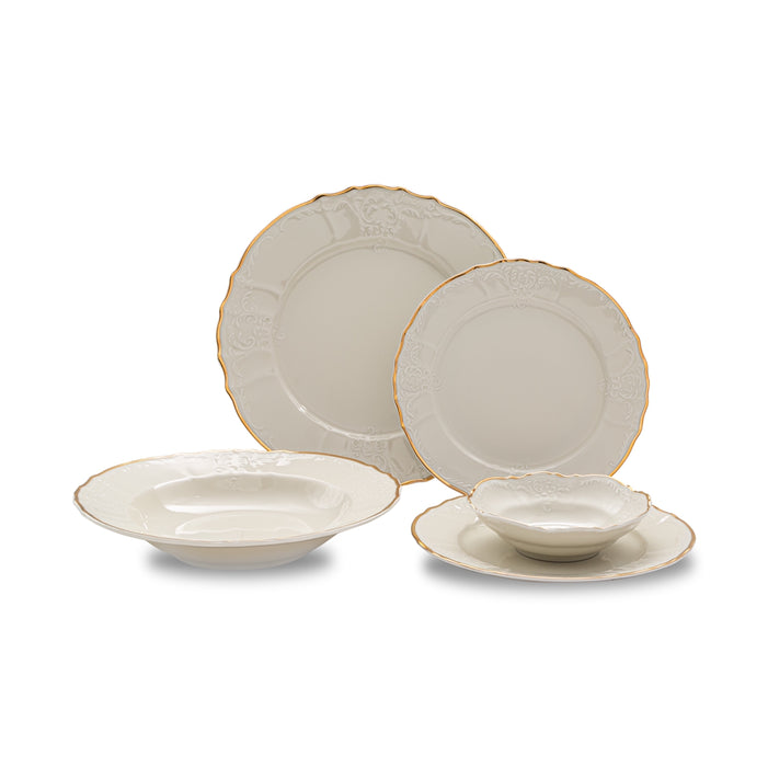 Vikko  Luxe - Bernadotte Gold, Ivory, 20 Pc  Dinnerware Set,  includes Service For 4, Dinner, Salad, Soup, Bread & Butter, Dessert