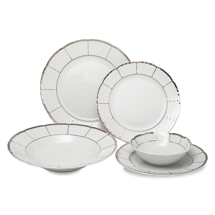 Vikko Luxe - Menuet White, Silver, 20 Pc  Dinnerware Set, Serving For 4, Dinner, Salad, Soup, Bread & Butter, Dessert