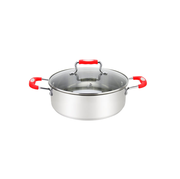 Millvado-Urban SS Low Casserole/W Glass Lid Silicone Handles,Red, 8.4 Qt, 11.8"X4.5"