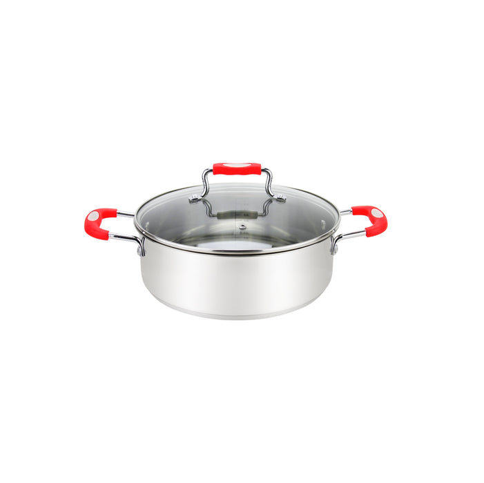 Millvado-Urban SS Low Casserole/W Glass Lid Silicone Handles, Red, 5 Qt 10.2'' X 3.5''