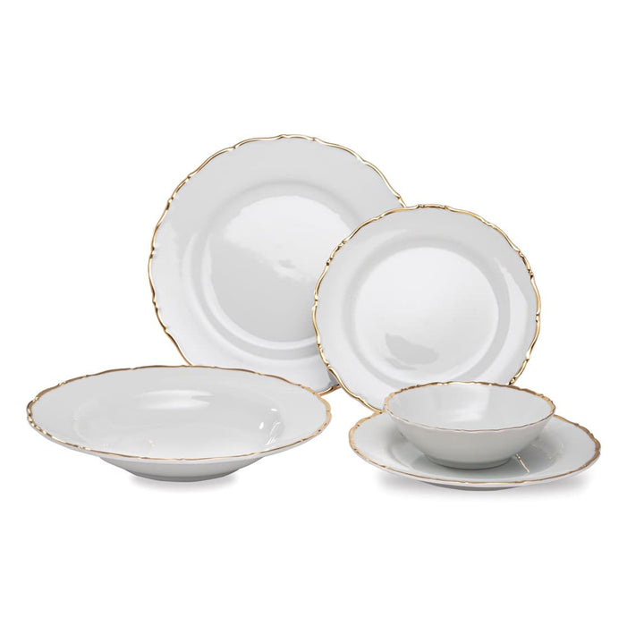 Vikko Luxe - Ophelia Gold, White, 20 Pc  Dinnerware Set, includes Service For 4, Dinner, Salad, Soup, Bread & Butter, Dessert