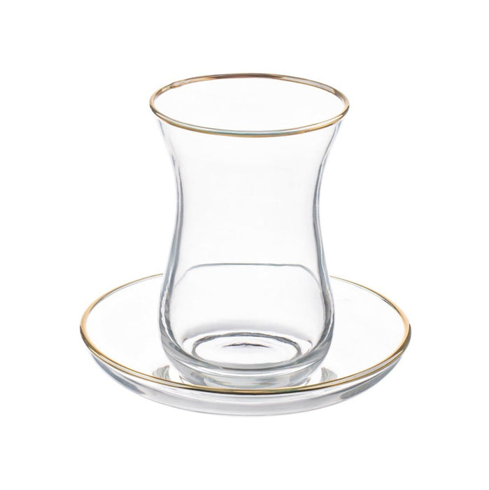 Lav - Ajda Glass Tea Cup and Glass Saucer W/ Gold Rim , 5.5 Oz, 6 Pk,