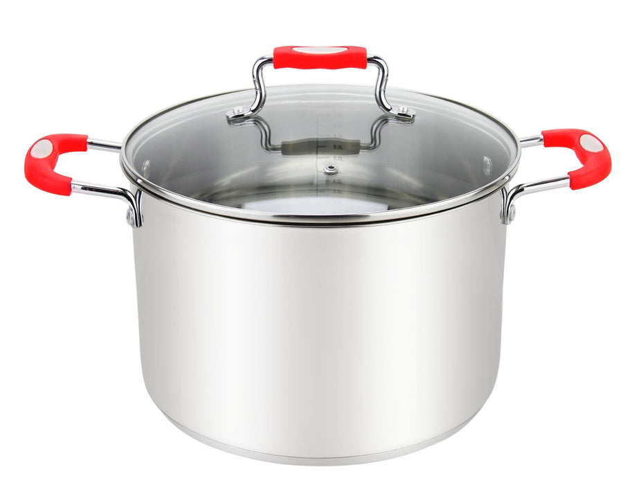 Millvado-Urban Ss Stock Pot/W Glass Lid Silicone Handles,Red, 12.5 Qt, 11"X8.2"